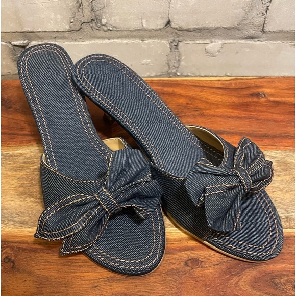 Shoes - Denim Kitten Heel Mules, w/bow